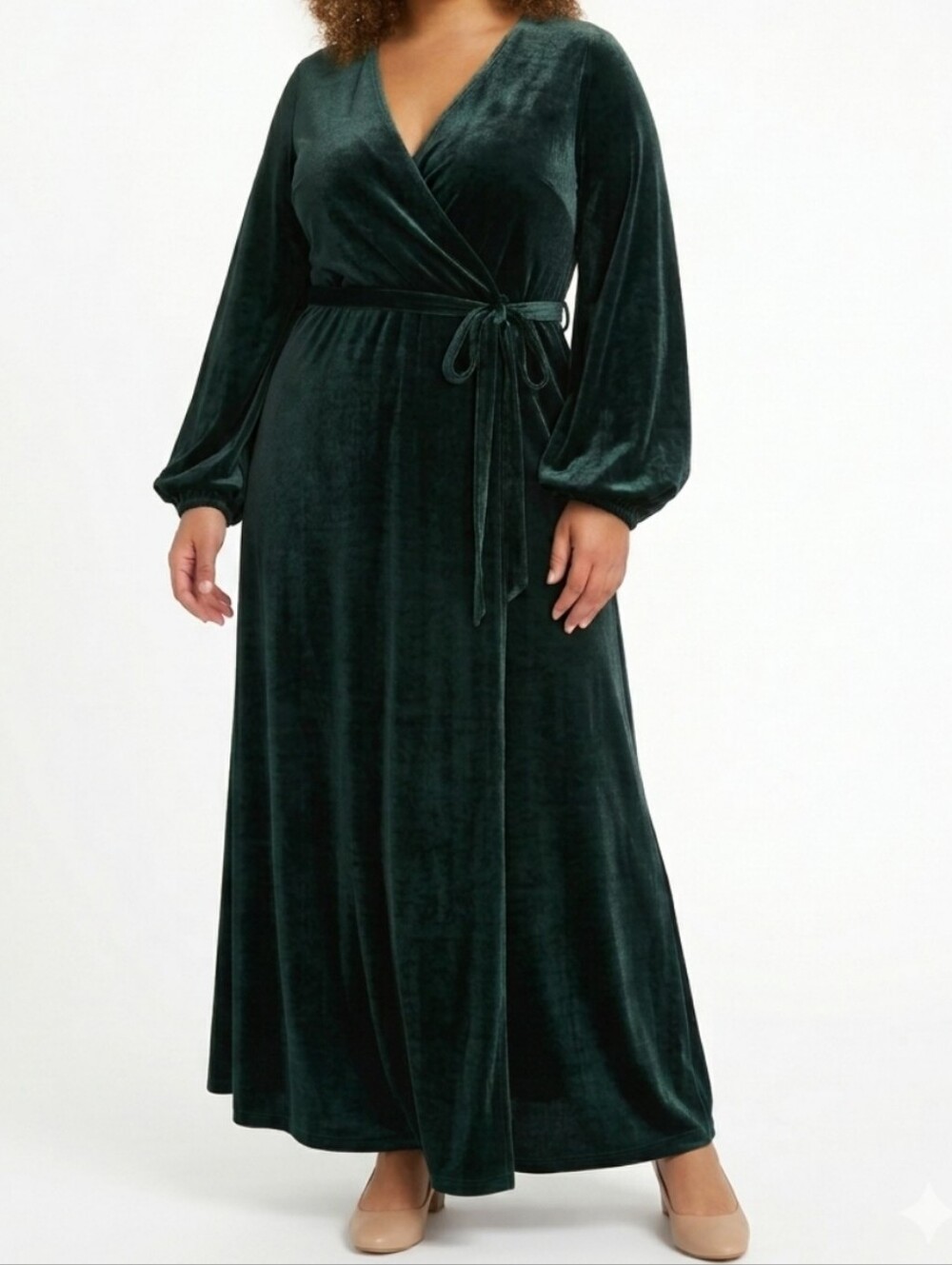 MSK Velvet Maxi Dress 3X Green Long Sleeve Faux Wrap Bodice Tie Waist Holiday